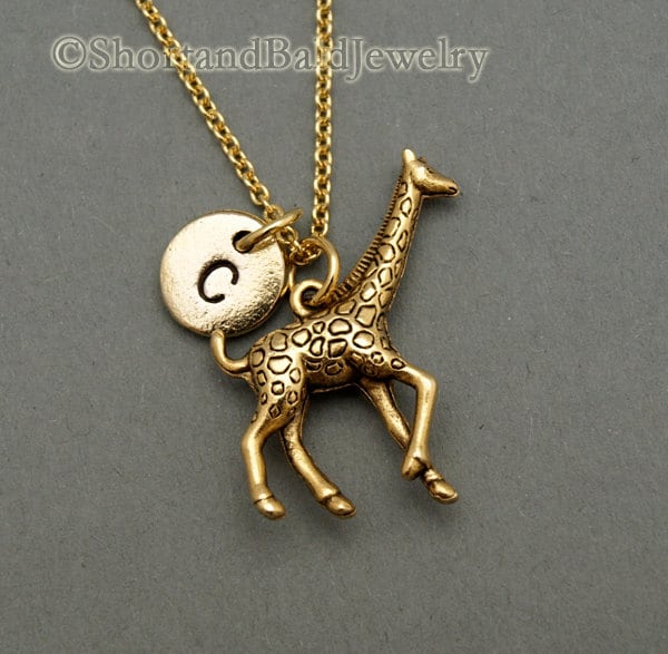 Große Giraffe Halskette, Antikes Gold, Erste Hand Gestempelt, Personalisiert, Monogramm von ShortandBaldJewelry