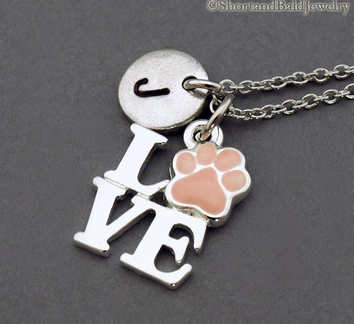Ich Liebe Pfote Halskette, Hundepfote, Katzenpfote, Rosa Charme, Erste Hand Gestempelt, Personalisiert, Antikes Silber, Monogramm von ShortandBaldJewelry