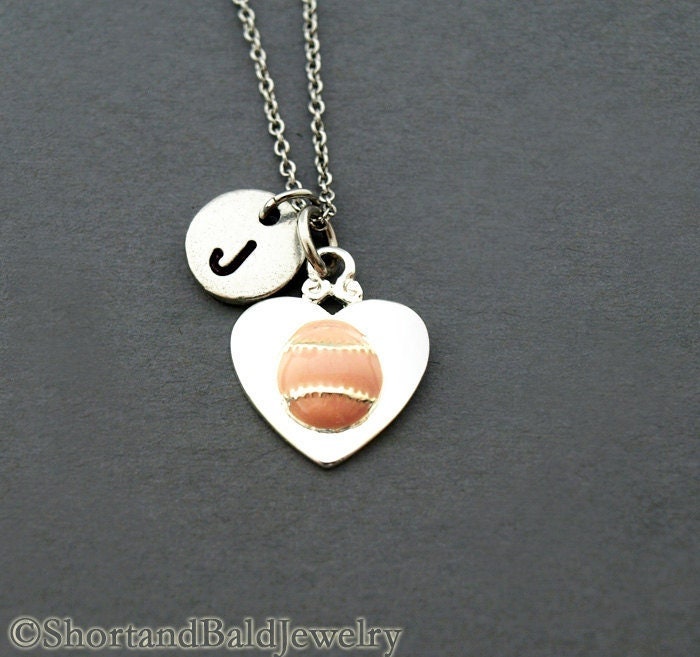 Rosa Baseball, Rosa Softball, Ich Liebe Softball Herz, Antikes Silber, Anfangshalskette, Personalisiert, Monogramm von ShortandBaldJewelry