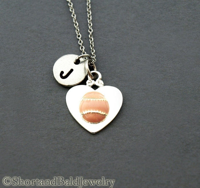 Rosa Baseball, Rosa Softball, Ich Liebe Softball Herz, Antikes Silber, Anfangshalskette, Personalisiert, Monogramm von ShortandBaldJewelry