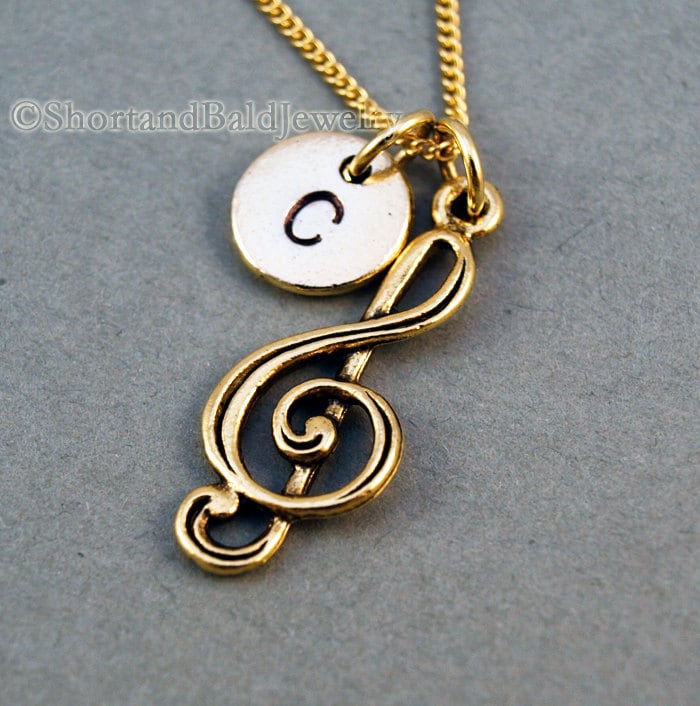 Sopran-Clef-Halskette, Antike Gold, Erste Halskette, Hand Gestempelt, Personalisiert, Monogramm von ShortandBaldJewelry