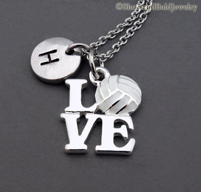 Volley Ball Halskette, Charme, Ball, Erste Personalisiert, Antik Silber, Monogramm von ShortandBaldJewelry