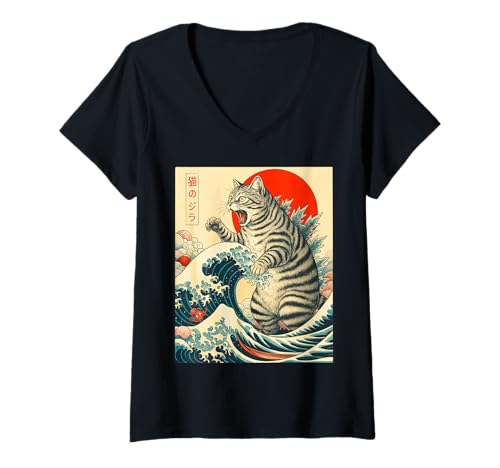 Damen Catzilla Kurzhaar-Katze, japanische Kunst, Geschenke für Männer, Frauen, Kinder T-Shirt mit V-Ausschnitt von Shorthair Cat Japanese Art Funny Cat Gifts Tee