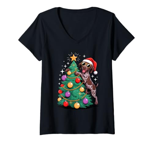 Damen Christmas Tree German Shorthaired Pointer Sunglasses Dog GSP T-Shirt mit V-Ausschnitt von Shorthaired Pointer Dog Lover Gifts