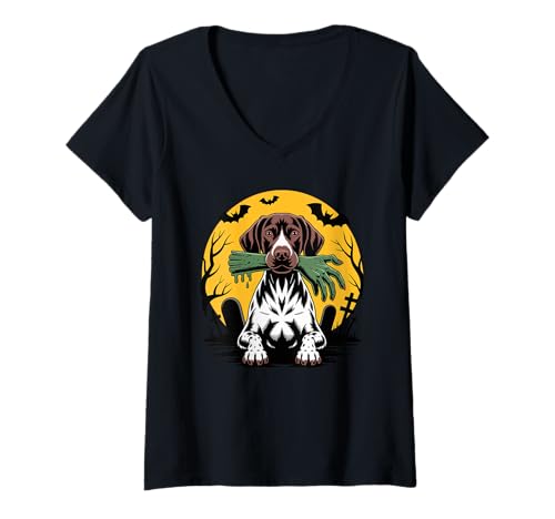 Damen Halloween Mond Zombie German Shorthaired Pointer Dog GSP T-Shirt mit V-Ausschnitt Damen Halloween Mond Zombie German Shorthaired Pointer Dog GSP T-Shirt mit V-Ausschnitt von Shorthaired Pointer Dog Lover Gifts
