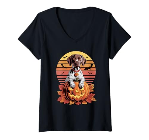 Damen Halloween Retro German Shorthaired Pointer Dog GSP T-Shirt mit V-Ausschnitt Damen Halloween Retro German Shorthaired Pointer Dog GSP T-Shirt mit V-Ausschnitt von Shorthaired Pointer Dog Lover Gifts