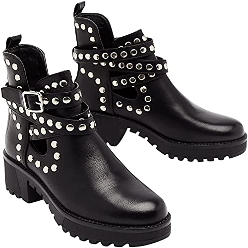 2021 Frauen Stiefeletten Damen Elegent Mode Party Schuhe Hohl Nieten Ankle Boots Schnee Stiefel Mit Verschluss Absatz Herbst Winter High Heel Rockabilly Stiefel,Schwarz,36 EU von Shot Case