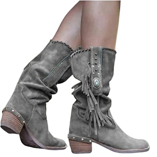 JFISQ Runder Zeh Western-Cowboystiefel Damen Niedriger Blockabsatz Booties Schuhe Retro Lässig Mode Kurze Stiefeletten Mit Fransen Atmungsaktiv rutschfest Arbeitsschuhe,Grau,39 von Shot Case