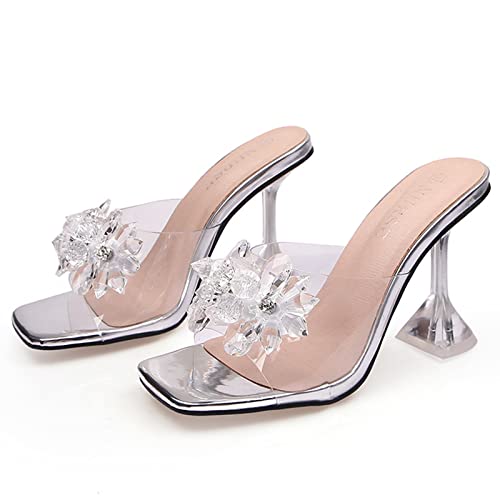 Shot Case Frauen 9CM Transparente Ferse Sexy High Heels, Kristall Pantoletten Sandalen, Hochzeit Prom Stripper Club Schuhe Plus Größe 34-46,Silber,46 von Shot Case