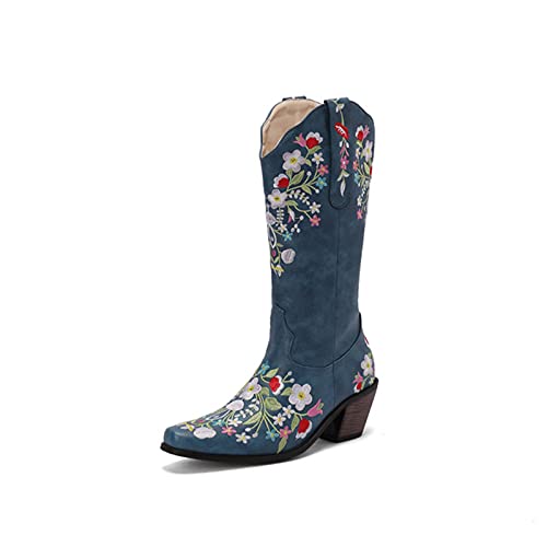 Western Cowboystiefel Damen Traditionelle Stickerei Blumen Langschaft Boots Mit Blockabsatz Mode Spitz Pull-On Ritter Stiefel Herbst Winter Neu Frauen Schuhe,Blau,38 EU von Shot Case