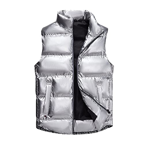 Shouqiao Glänzende Daunenweste Mit Stehkragen Für Herren Winter Outdoor Gefütterte Weste Warm Verdicken Reißverschluss Ärmellose Jacke Mit Taschen Silber XXL von Shouqiao