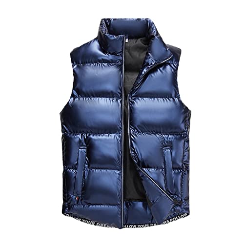 Shouqiao Herren Daunenweste Mit Stehkragen Glänzend Winter Outdoor Gefütterte Weste Warm Verdicken Reißverschluss Ärmellose Jacke Mit Taschen Blau 7XL von Shouqiao