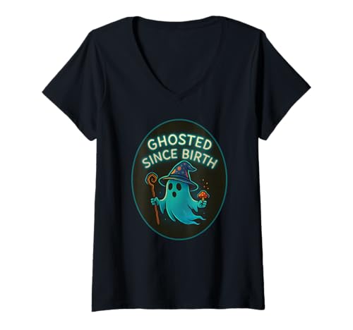 Damen Ghosted Since Birth Funny Wizard Ghost Halloween Design T-Shirt mit V-Ausschnitt Damen Ghosted Since Birth Funny Wizard Ghost Halloween Design T-Shirt mit V-Ausschnitt von Show Introverted Personality Social Satire