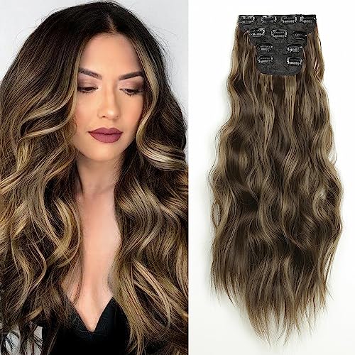 ShowJarlly Clip in Extensions, 4PCS 60 cm Voller Kopf Haarverlängerungen mit Clips Synthetik Gewellte Haarextension Wavy Haar Extensions Clip in Haarteil für Frauen von ShowJarlly