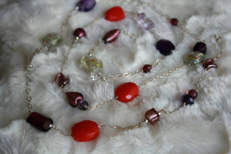 Long Sterling Silber Halskette Und Ohrringe, Luxuriöse Amethysten, Rosa Steine, Mischung Aus Kristallkugeln Murano-Stil von ShowMeBeautiful