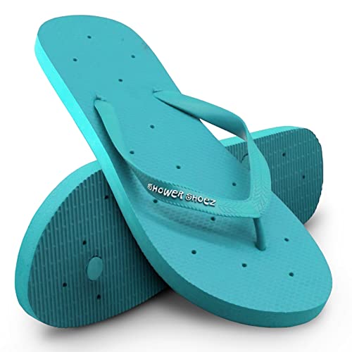 Shower Shoez Damen rutschfeste Pool Dorm Wassersandalen Flip Flops, Massives Türkis, 5-6 von Shower Shoez