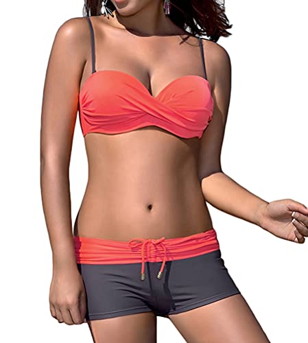 shownicer Bikini Damen Bikini Set Zweiteiliger Badeanzug Bikini mit Hotpants Träger Oberteil Bikinihose X2 Grau M von shownicer