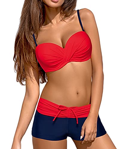 shownicer Bikini Damen Bikini Set Zweiteiliger Badeanzug Bikini mit Hotpants Träger Oberteil Bikinihose X2 Rot L von shownicer