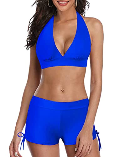 shownicer Bikini Damen Bikini Set Zweiteiliger Badeanzug Bikini mit Hotpants Träger Oberteil Bikinihose X3 Blau S von shownicer