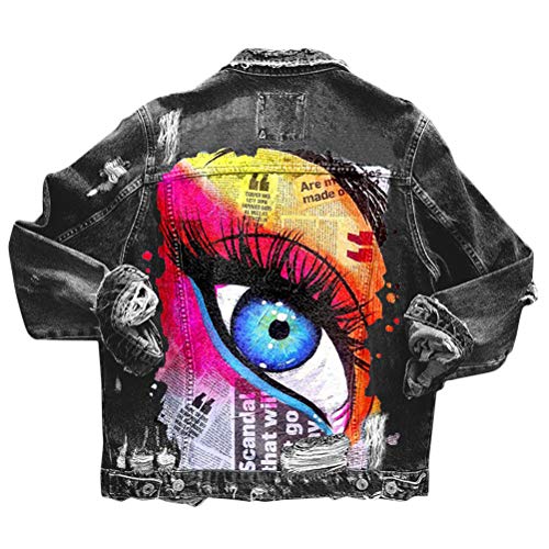 shownicer Blau Taschen Einreiher Zerrissene Graffiti Langarm Boyfriend Oversize Jeansjacke Damen Mode Denim Jacket D Schwarz S von shownicer