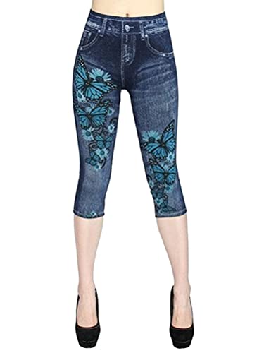 shownicer Damen 3/4 Leggings Capri Jeggings Jeansoptik Sporthose Große Größen Yogahose Stretch Skinny Sportleggings Tights Lange Fitnesshose Shorts F Dunkelblau 3XL von shownicer