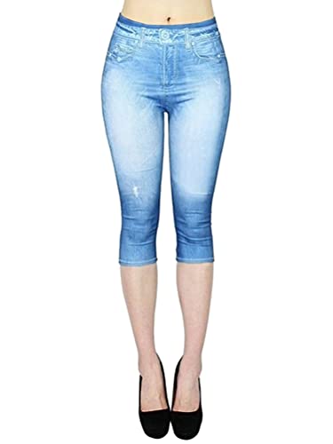 shownicer Damen 3/4 Leggings Capri Jeggings Jeansoptik Sporthose Große Größen Yogahose Stretch Skinny Sportleggings Tights Lange Fitnesshose Shorts F Hellblau L von shownicer