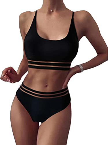 shownicer Damen Bikini Set mit Mesh 2-Teile Bademode Badeanzug Strandmode Hohe Taille Bikinis Push Up Badebekleidung Beachwear Schwarz XS von shownicer