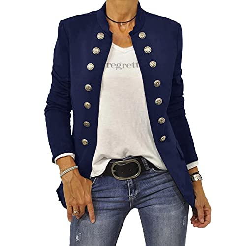 shownicer Damen Blazer Elegant Anzugjacke Mantel mit Knopfleiste Military Blazer Lang Slim Fit Freizeit Stehkragen Business Büro Anzug Jacken A Dunkelblau S von shownicer