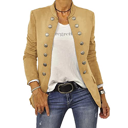 shownicer Damen Blazer Elegant Anzugjacke Mantel mit Knopfleiste Military Blazer Lang Slim Fit Freizeit Stehkragen Business Büro Anzug Jacken A Gelb S von shownicer