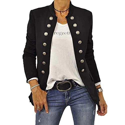 shownicer Damen Blazer Elegant Anzugjacke Mantel mit Knopfleiste Military Blazer Lang Slim Fit Freizeit Stehkragen Business Büro Anzug Jacken A Schwarz XS von shownicer