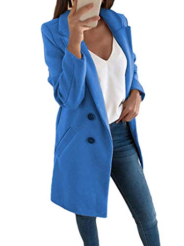 shownicer Damen Blazer Winter Mantel Elegant Warm Wintermantel Steppmantel Knopf Klassische Vintage Zweireihig Revers Schlack Slim Fit Trenchcoat mit Taschen Blau L von shownicer