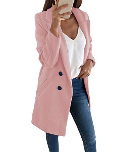 shownicer Damen Blazer Winter Mantel Elegant Warm Wintermantel Steppmantel Knopf Klassische Vintage Zweireihig Revers Schlack Slim Fit Trenchcoat mit Taschen Hell Pink XL von shownicer