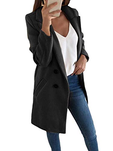 shownicer Damen Blazer Winter Mantel Elegant Warm Wintermantel Steppmantel Knopf Klassische Vintage Zweireihig Revers Schlack Slim Fit Trenchcoat mit Taschen Schwarz 3XL von shownicer