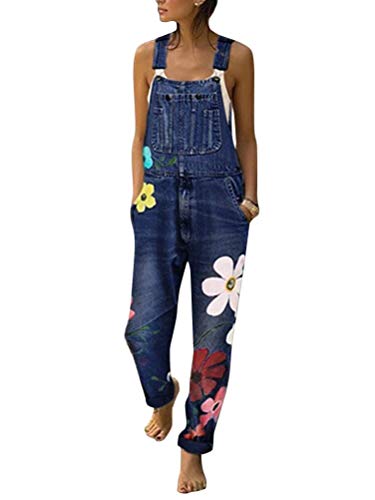 shownicer Damen Denim Jeans Latzhose Overall Blumen Jeansoptik Klasse Vintage Jeans Lang Lässig Baggy Stylisch Jumpsuit Hüftjeans Dunkelblau 44 von shownicer