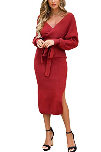 shownicer Damen Elegant Pulloverkleid Tunika Strickkleid V-Ausschnitt Langarm Casual Kleid Minikleid Mit Gürtel C Rot XL von shownicer