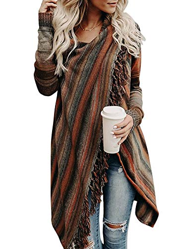 shownicer Damen Gestreift Gestrickter Poncho Jacke Winter Herbst Warm Elegant Langarm Fransen Quasten Lässig Asymmetrisch Stricken Schal Outdoor Knit Cape Wraps Orange L von shownicer