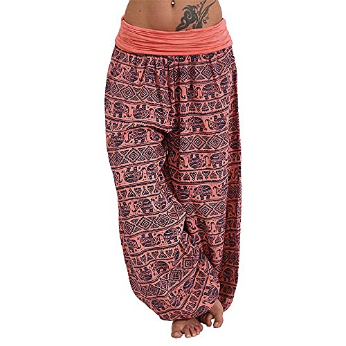 shownicer Damen Haremshose Pumphose Weite Bein Hosen mit Blumenmuster Sommer Beiläufig Yogahosen Loose Hippie Pluderhose Baumwolle Harem Hosen B Rot M von shownicer