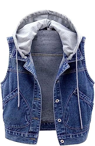 shownicer Damen Hooded Jeansweste Jacke Kurz Ärmellos Einfache Beiläufige Jeansweste Denim Weste mit Kapuze Blau M von shownicer