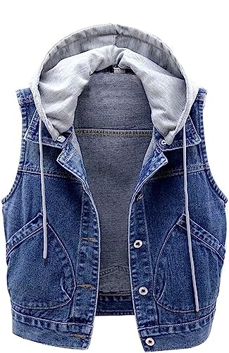 Shownicer Damen Hooded Jeansweste Jacke Kurz Ärmellos Einfache Beiläufige Jeansweste Denim Weste mit Kapuze Blau XL von Shownicer