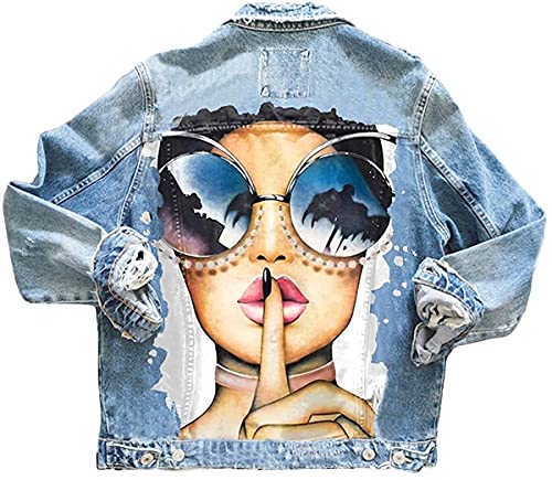 shownicer Damen Jeansjacke Blau Taschen Einreiher Zerrissene Graffiti Langarm Oversize Boyfriend Denim Jacket Mädchen Oberbekleidung B Hellblau XL von shownicer