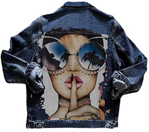 shownicer Damen Jeansjacke Blau Taschen Einreiher Zerrissene Graffiti Langarm Oversize Boyfriend Mode Denim Jacket Mädchen Oberbekleidung B Blau S von shownicer