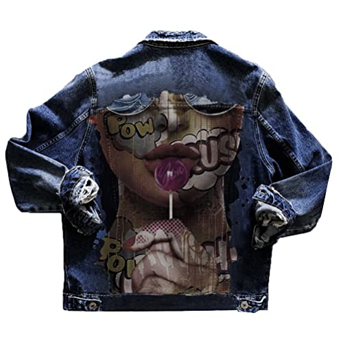 shownicer Damen Jeansjacke Blau Taschen Einreiher Zerrissene Graffiti Langarm Oversize Boyfriend Mode Denim Jacket Mädchen Oberbekleidung H Blau XXL von shownicer