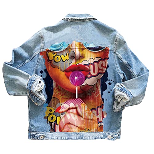 shownicer Damen Jeansjacke Blau Taschen Einreiher Zerrissene Graffiti Langarm Oversize Boyfriend Mode Denim Jacket Mädchen Oberbekleidung H Hellblau L von shownicer