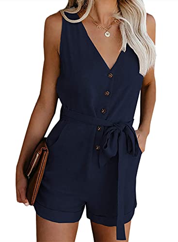 Shownicer Damen Jumpsuit Sommer Kurz Elegant Schulterfrei Overall Knöpfe Playsuit mit Taschen Blau M von shownicer