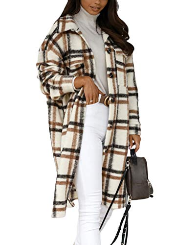 shownicer Damen Kariertes Taschen Knöpfen Langarm Oversize Bluse Mantel Lange Jacke Hemdjacke Holzfällerjacke Mode Boyfriend Jacken (M, Braun) von shownicer