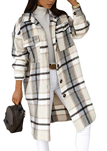 shownicer Damen Kariertes Taschen Knöpfen Langarm Oversize Bluse Mantel Lange Jacke Hemdjacke Holzfällerjacke Mode Boyfriend Jacken Grau S von shownicer