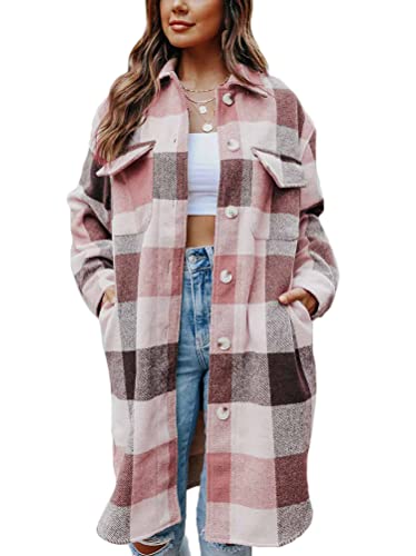 shownicer Damen Kariertes Taschen Knöpfen Langarm Oversize Bluse Mantel Lange Jacke Hemdjacke Holzfällerjacke Mode Boyfriend Jacken Z7 Rosa XL von shownicer