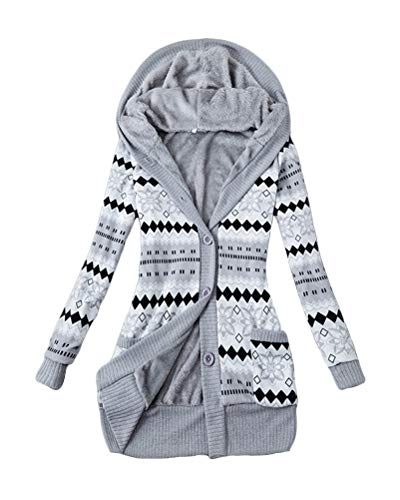 shownicer Damen Lange Mäntel mit Kapuze Drucken Gestrickt Winterjacke Warm Plüsch Gefüttert Knopf Strickjacke Outwear Mäntel Kapuzenpullover Kapuzenjacke Grau L von shownicer