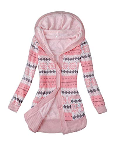 shownicer Damen Lange Mäntel mit Kapuze Drucken Gestrickt Winterjacke Warm Plüsch Gefüttert Knopf Strickjacke Outwear Mäntel Kapuzenpullover Kapuzenjacke Rosa M von shownicer