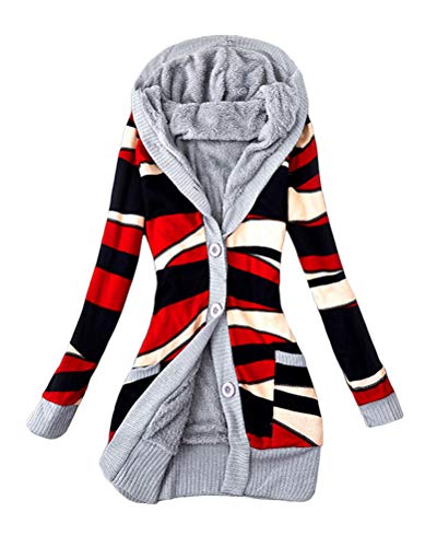 shownicer Damen Lange Mäntel mit Kapuze Drucken Gestrickt Winterjacke Warm Plüsch Gefüttert Knopf Strickjacke Outwear Mäntel Kapuzenpullover Kapuzenjacke Rot L von shownicer